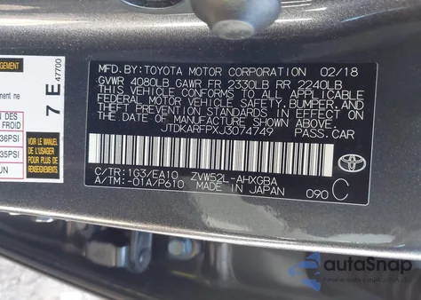 2018 Toyota Prius Prime Advanced from USA, damaged, VIN JTDKARFPXJ3074749